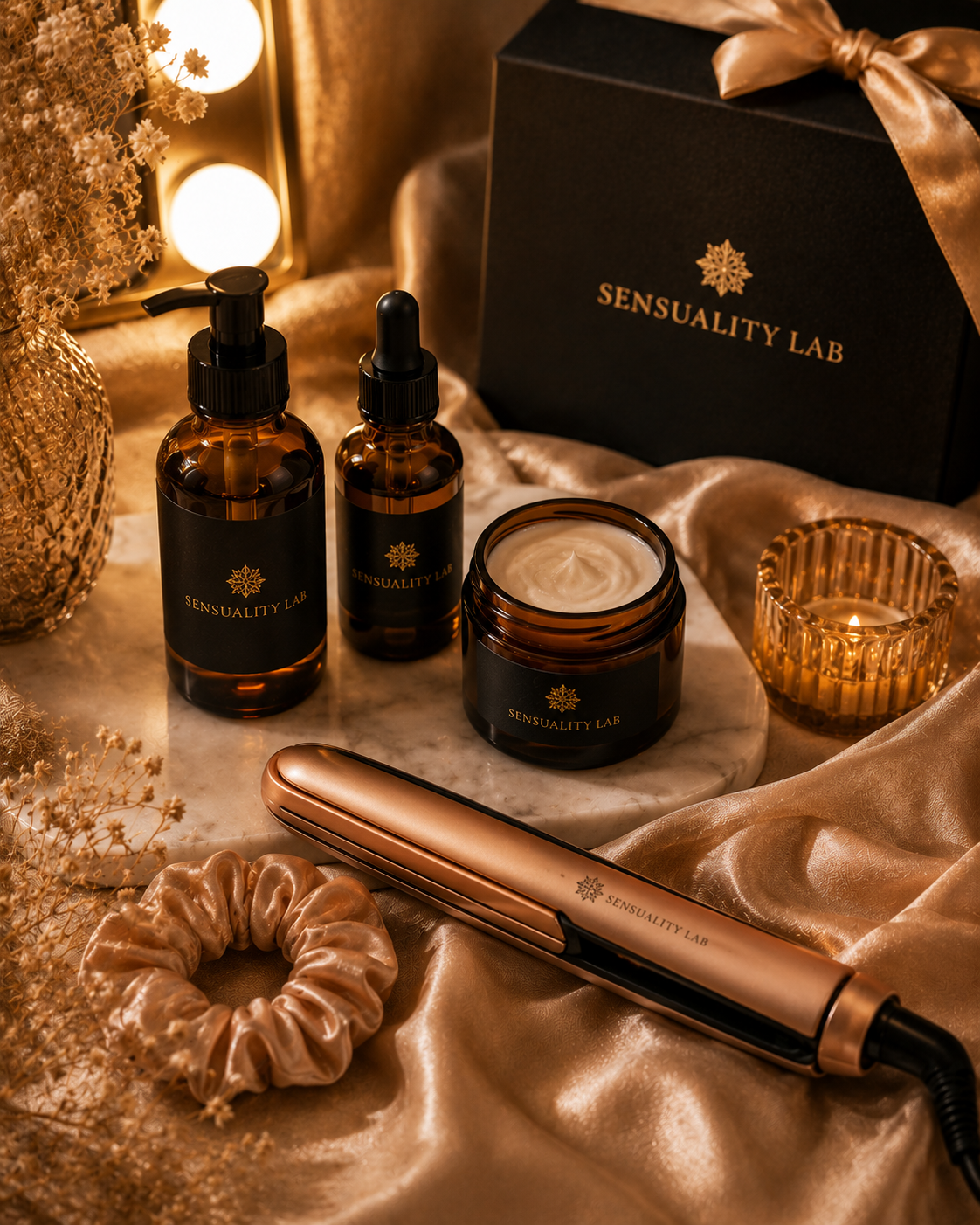 Elegant romantic gift styling for beauty & self-care gifts for confidence before the date