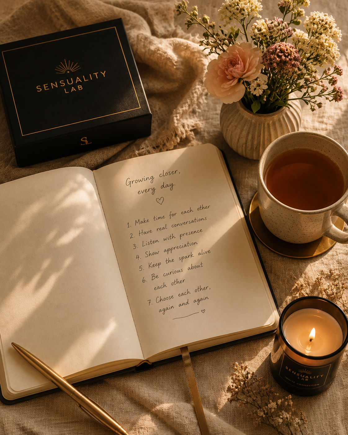 A journal with a handwritten list for growing closer, beside flowers, tea, and a candle