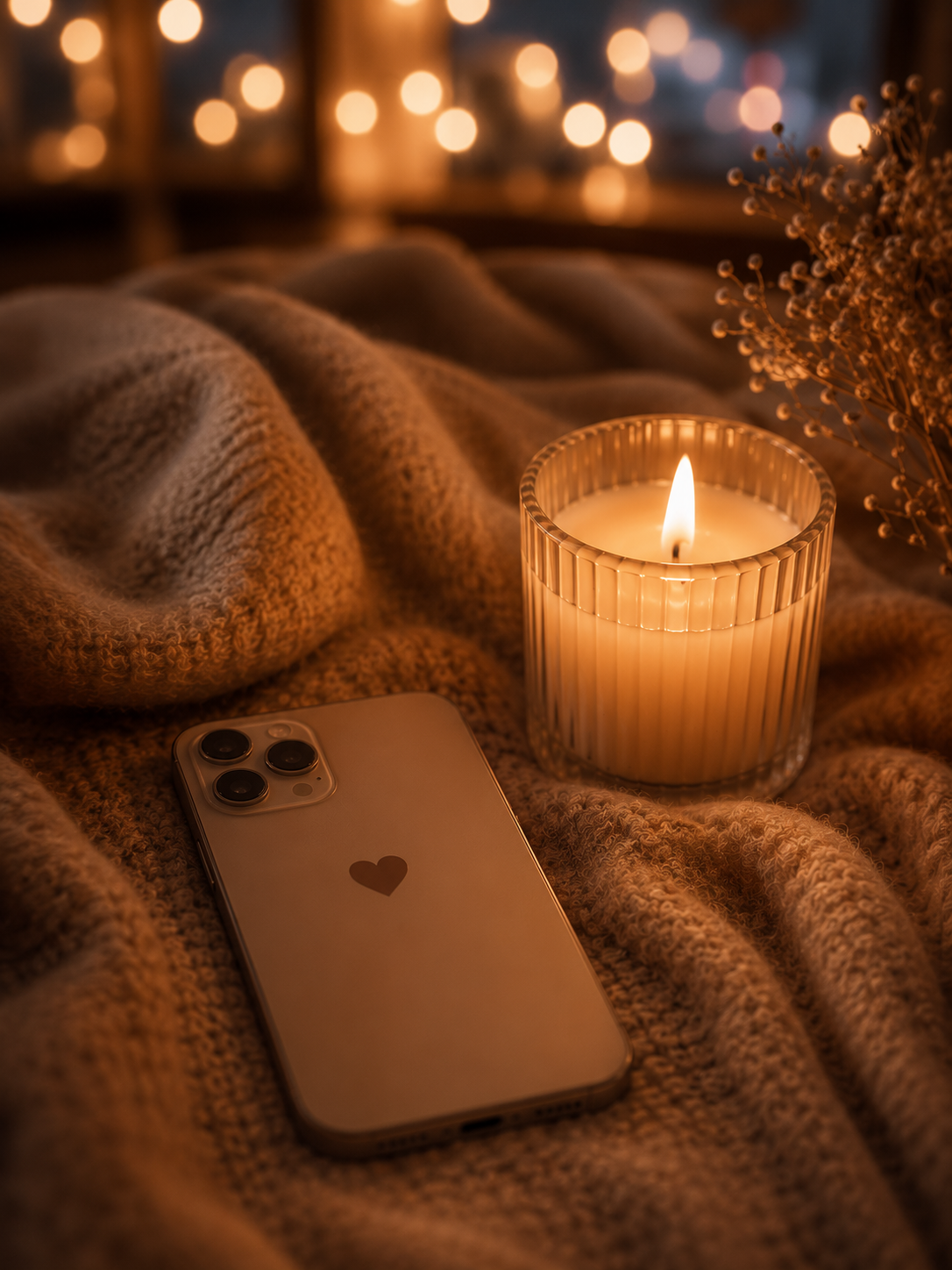 A smartphone lying face-down on warm fabric beside a lit candle with soft bokeh lights