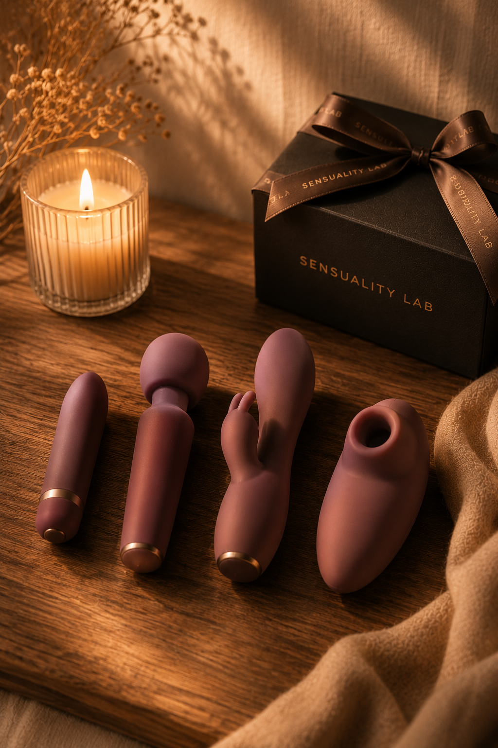 Four distinct vibrator shapes — bullet, wand, rabbit, and suction — lined up together for comparison