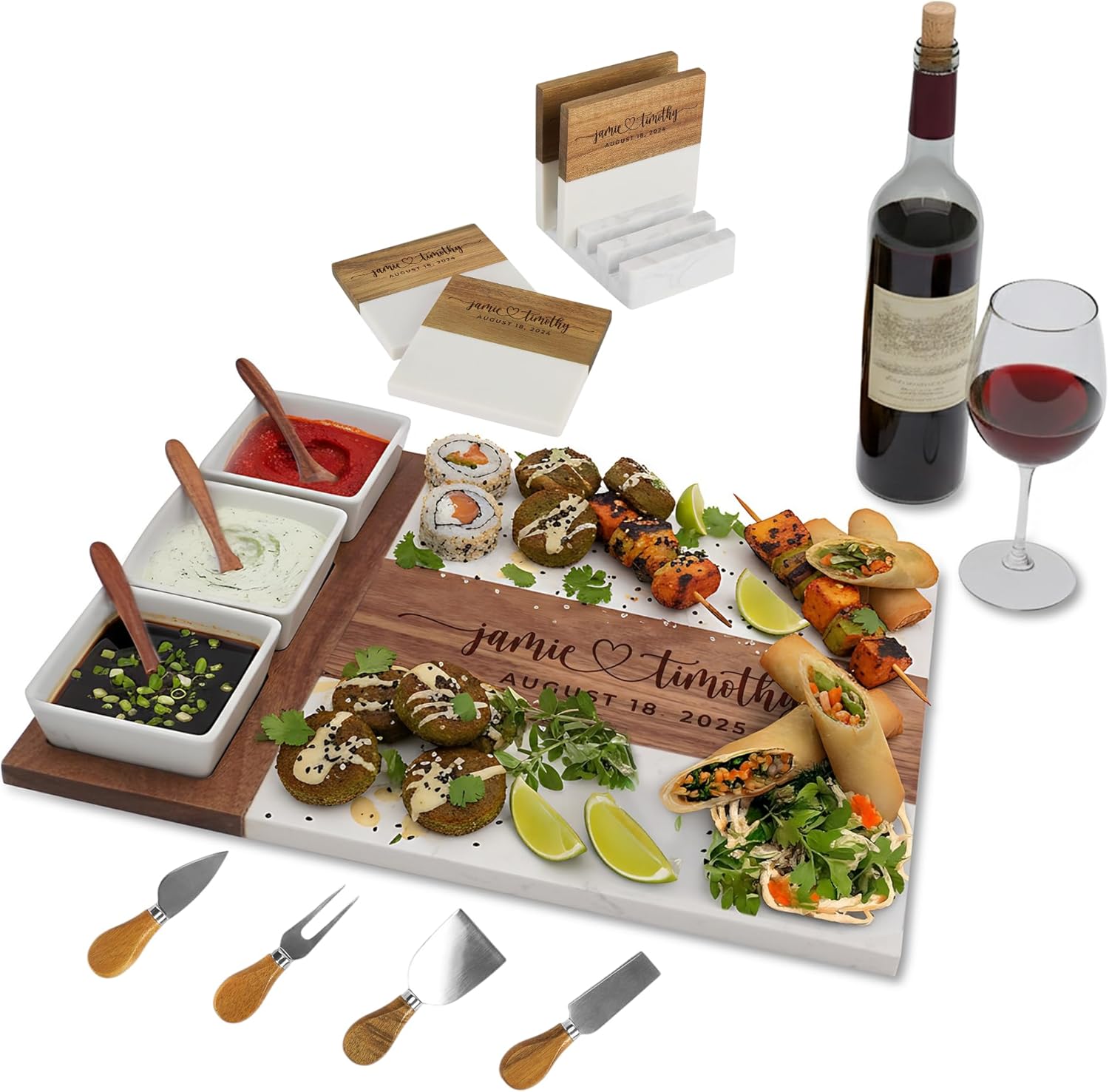 Personalized Marble & Acacia Charcuterie Board Set