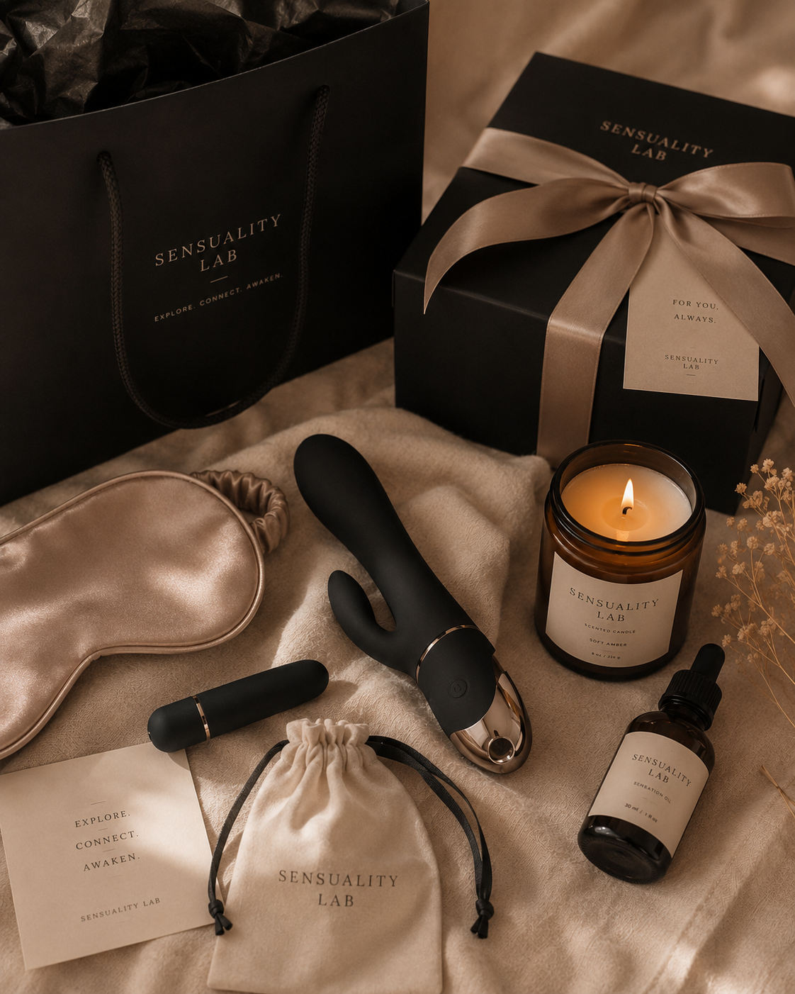 Soft, curated imagery for a gift guide featuring jewelry, romantic lifestyle, and mood-setting gift ideas